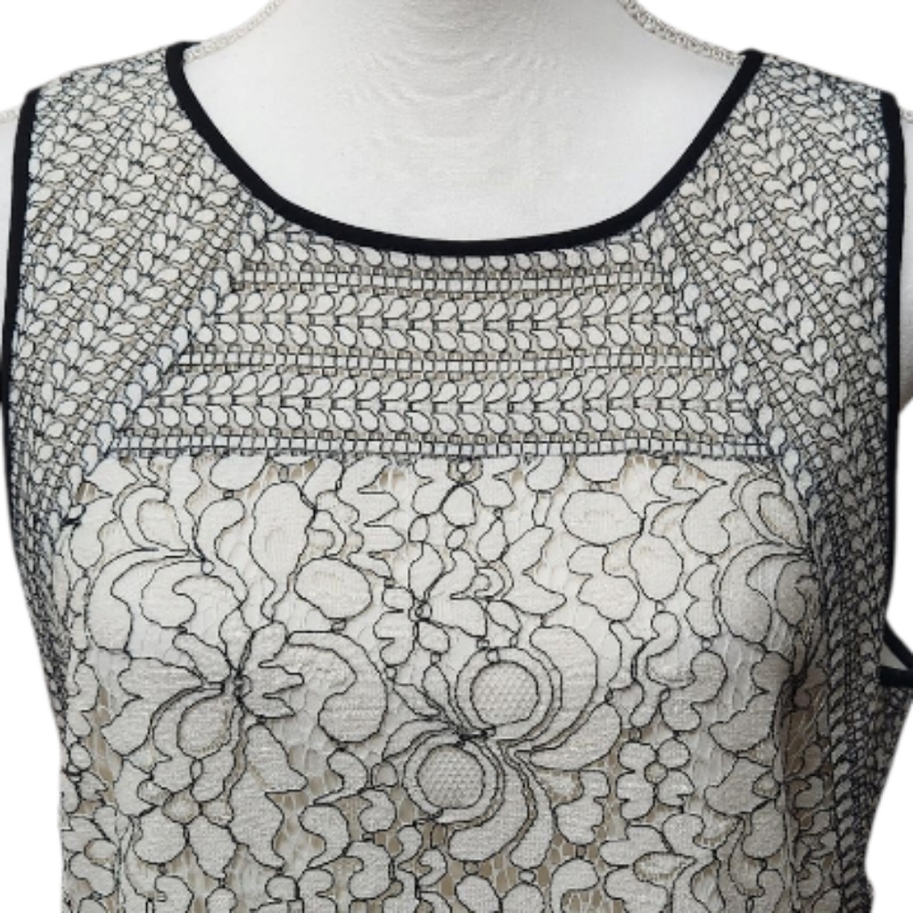 Loft Cream Sleeveless Shift Sheath Dress with Black Lace Overlay Classic Size 12 - Picture 12 of 12